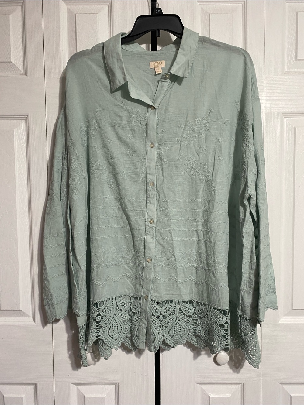 LOGO Lavish sea foam green cotton lace button down top blouse  tunic shirt SZ 3X